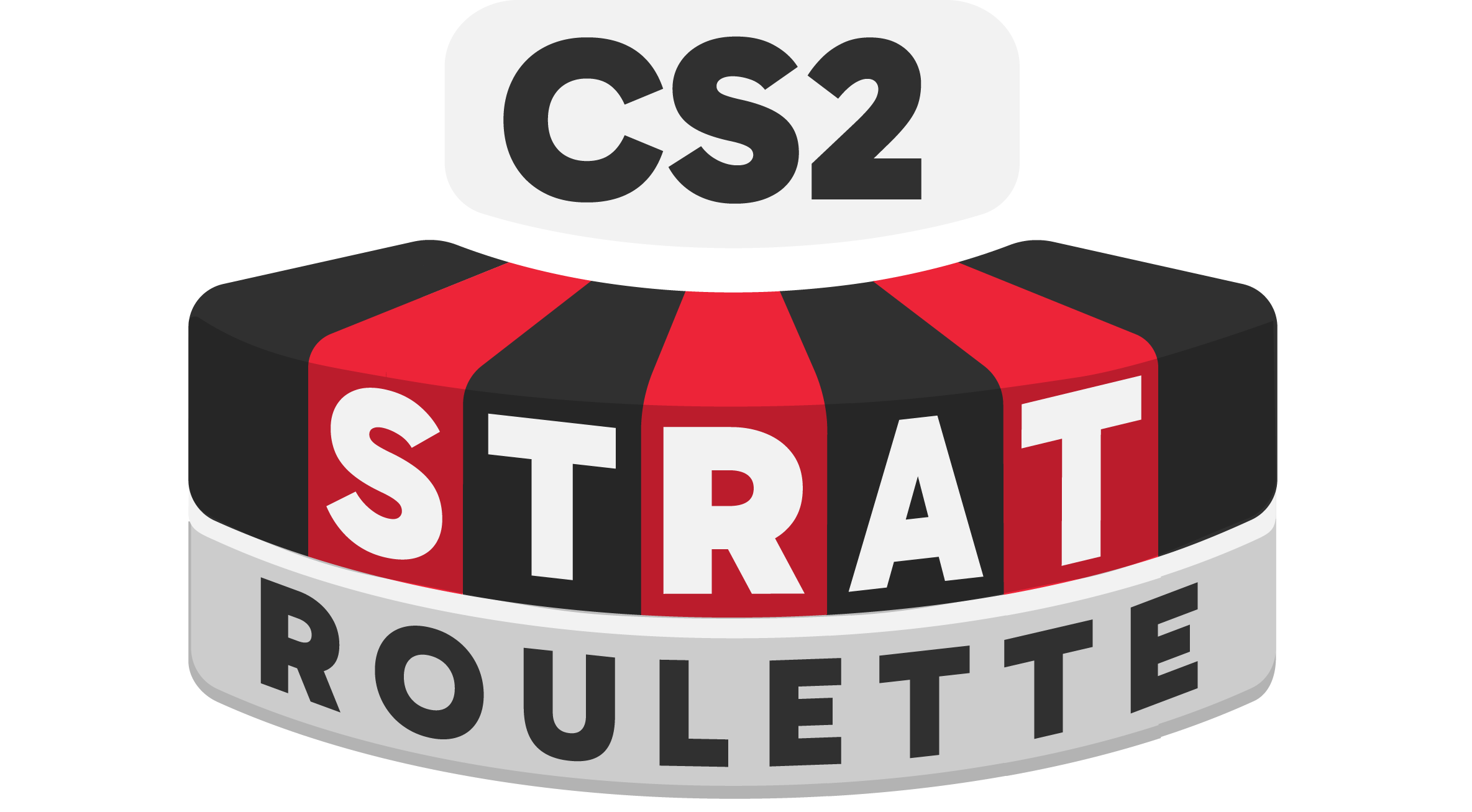 Logo for CS2 Strat Roulette featuring a circular badge with the CS2 logo at the top, red and black segmented wheel, and the words STRAT ROULETTE prominently displayed in a bold, white font